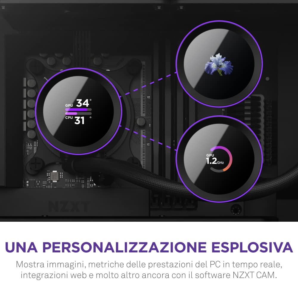 NZXT Kraken 240 - RL-KN240-B1 - Raffreddamento a liquido CPU AIO 240 mm - Display LCD quadrato da 1,54" personalizzabile - 2 ventole F120P - Nero