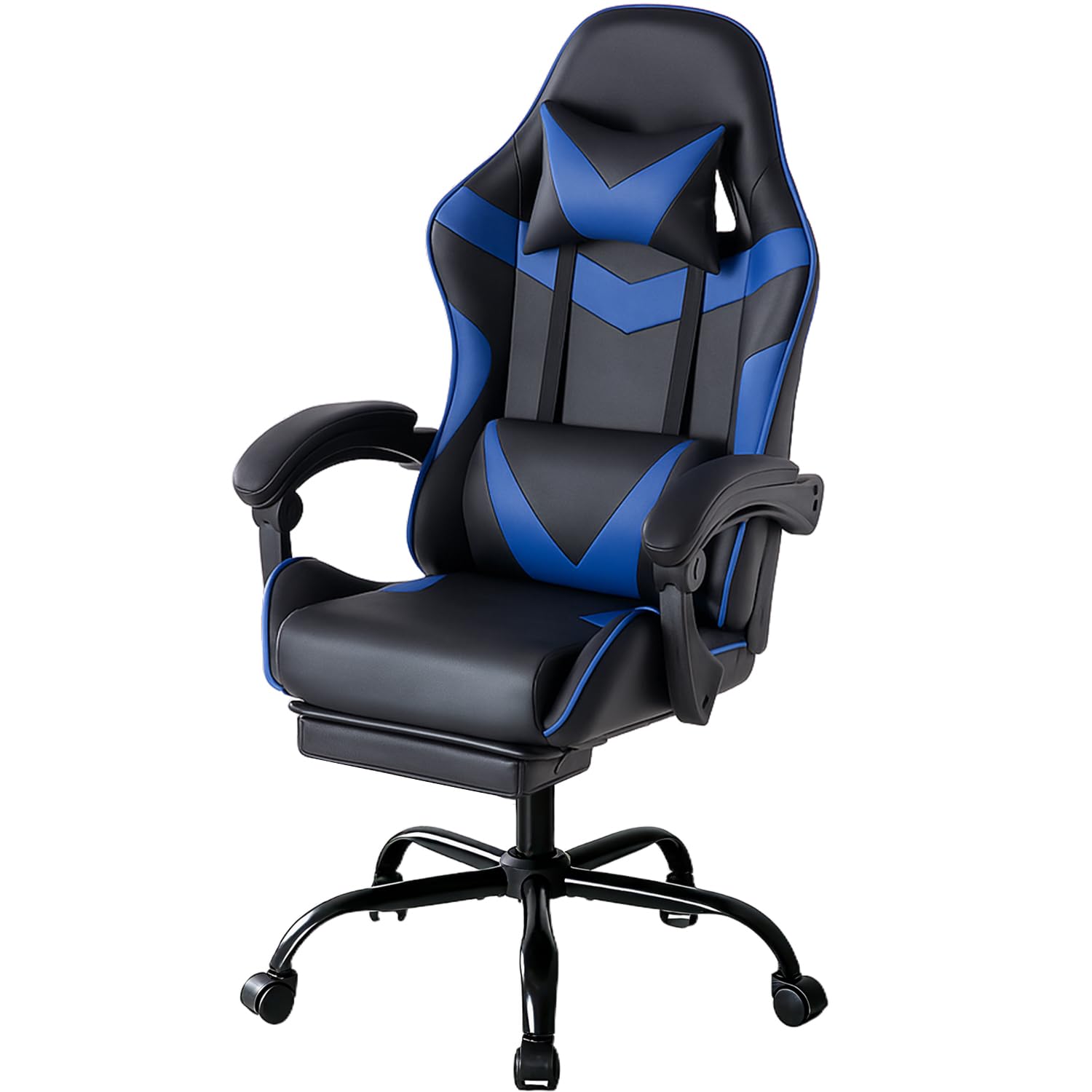 DUMOS Silla para Gaming, Silla ergonómica para Gamer, con reposapiés, reposacabezas y Soporte Lumbar, Altura Regulable, Acolchada, 150 kg, soporta hasta 150 kg, Color Negro y Azul
