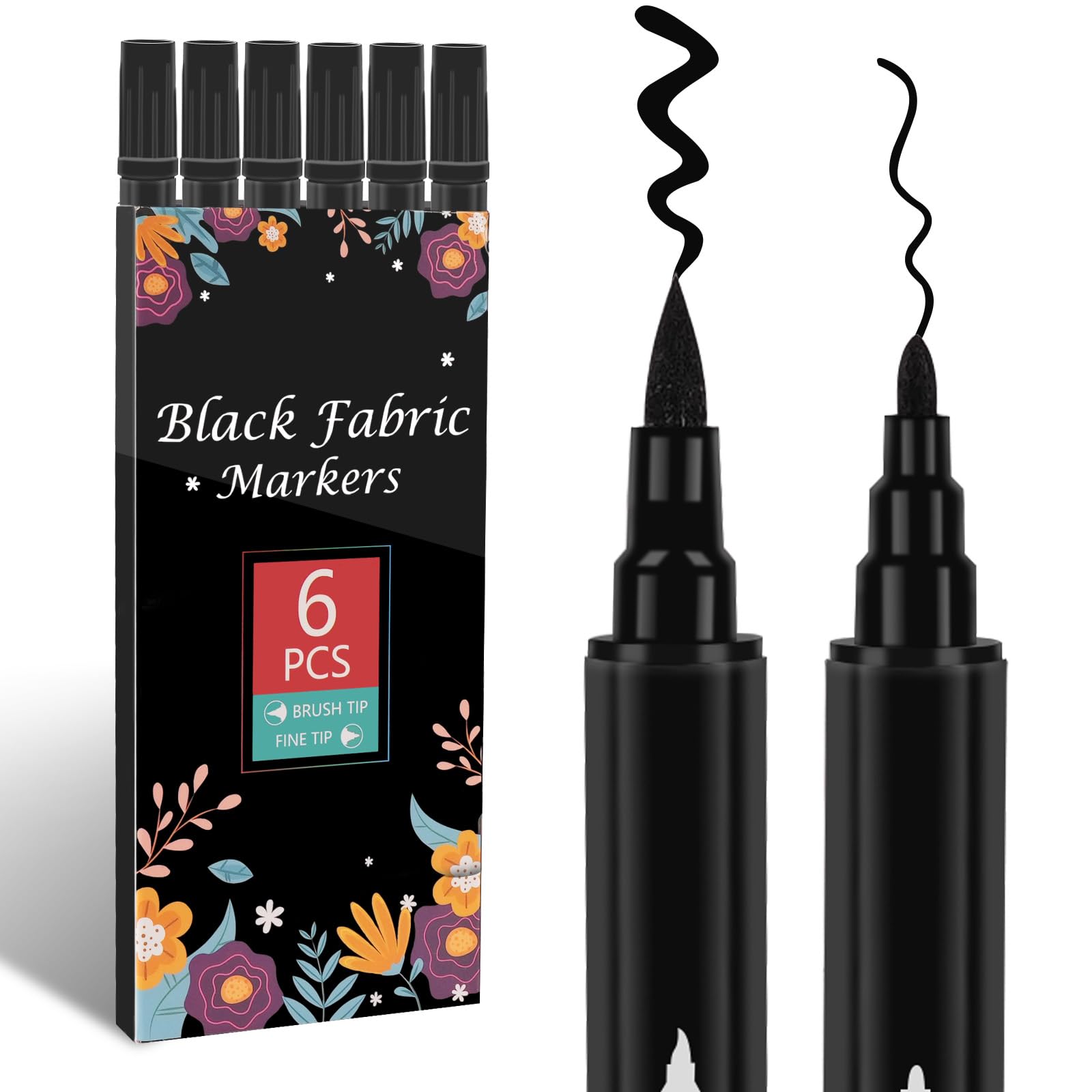 ABEIER Textile Marker Black Double Tip – 6 Permanent Pens for Clothes, Fabric, Sneakers and More Ideal for Artists, Adult Crafts and DIY Projects on T-Shirts, Bags, Canvas