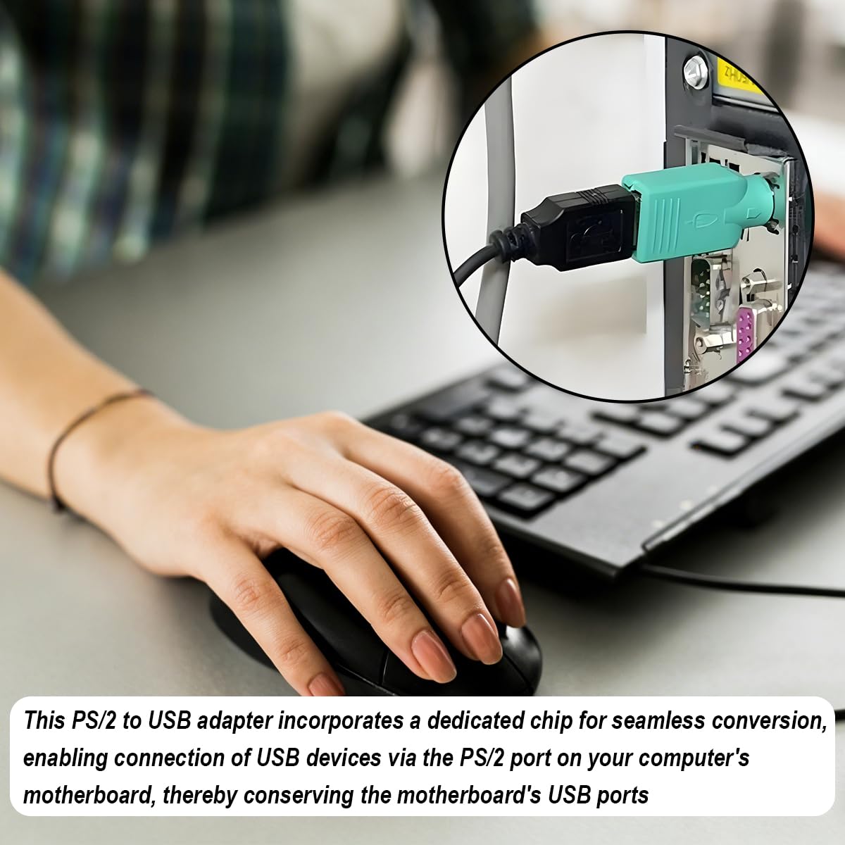 Adaptateurs PS2 vers USB Remplacement pour Souris et Clavier, Lot de 2 Convertisseurs PS2 Femelle vers USB A Mâle (Vert, Violet, Noir)