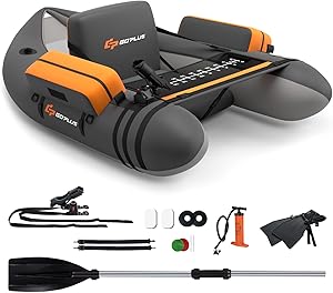 Goplus Inflatable Float Tube, Fishing Belly Boat with Fish Ruler, Pump, Storage Bag, Adjustable Straps, Fishing Float Tube for Angling, 350LBS Load Capacity