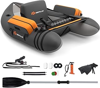 GOPLUS Bellyboot, Belly Boat bis 150 kg belastbar, aufblasbares Schlauchboot zum Angeln mit Alu Paddel, Pumpe, Flossen, Fischlineal, Rutenhalter & 2 Schultergurten, 135 x 109 x 54 cm