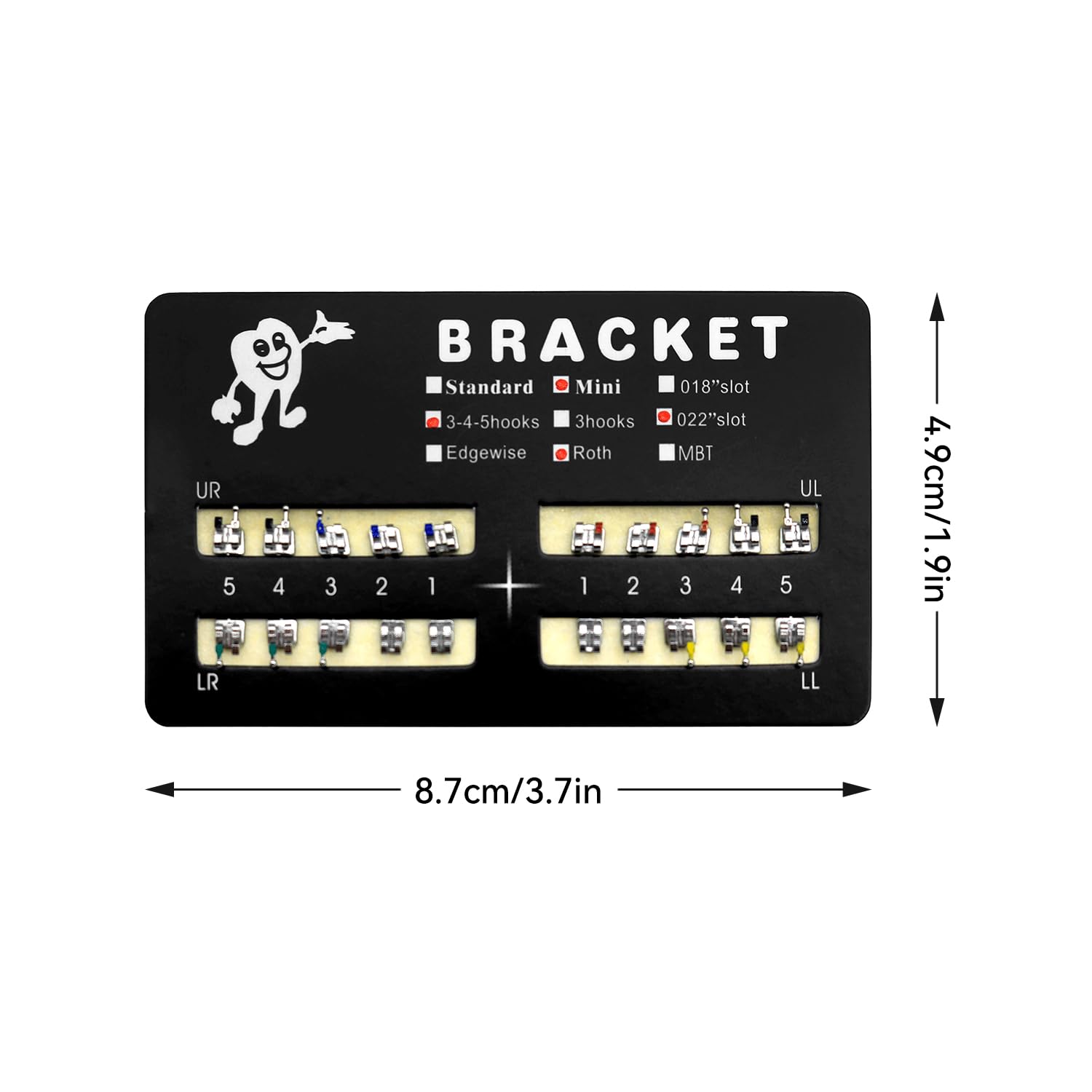 300pcs/Pack 022 Slot Bondable with Hook on 345 Teeth Model Mini Roth Brackets Roth,15 pieces per pack 20 pieces per pack.