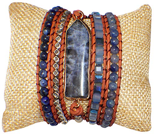 Mindfulness Gems Boho Leather Wrap Bracelet for Women- Stunning Premium Handmade healing crystal beaded 5 strands wrap | Bohemian Jewelry Collection. (sodalite)