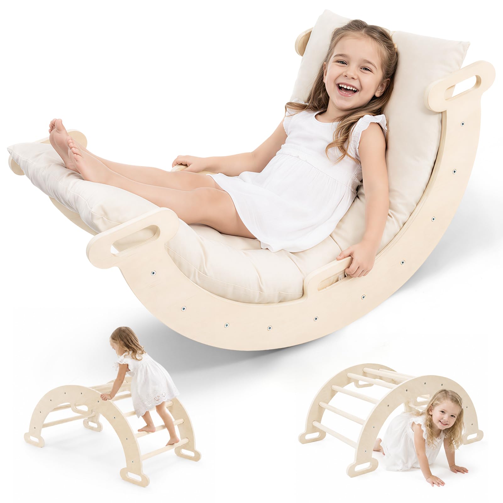 Juego de escalada de 2 piezas grande, arco de escalada de madera multifuncional con almohadilla de espuma de 3 cm de grosor, dispositivo de juego estable para interior y exterior para promover