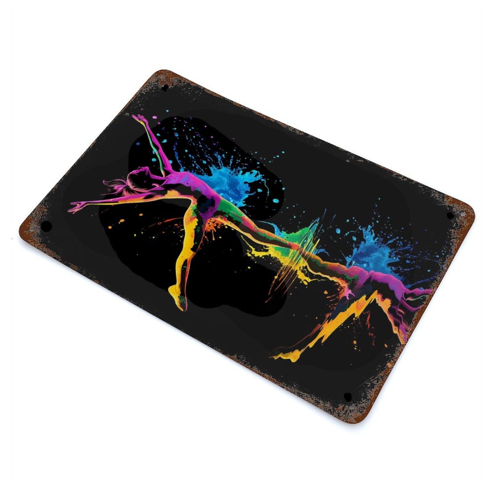 Distressed Metal Wall Sign with Rainbow Dancer Silhouette Design 11.8"x7.9", for Office, Studio And Wall Decor, Industrial Home Decor