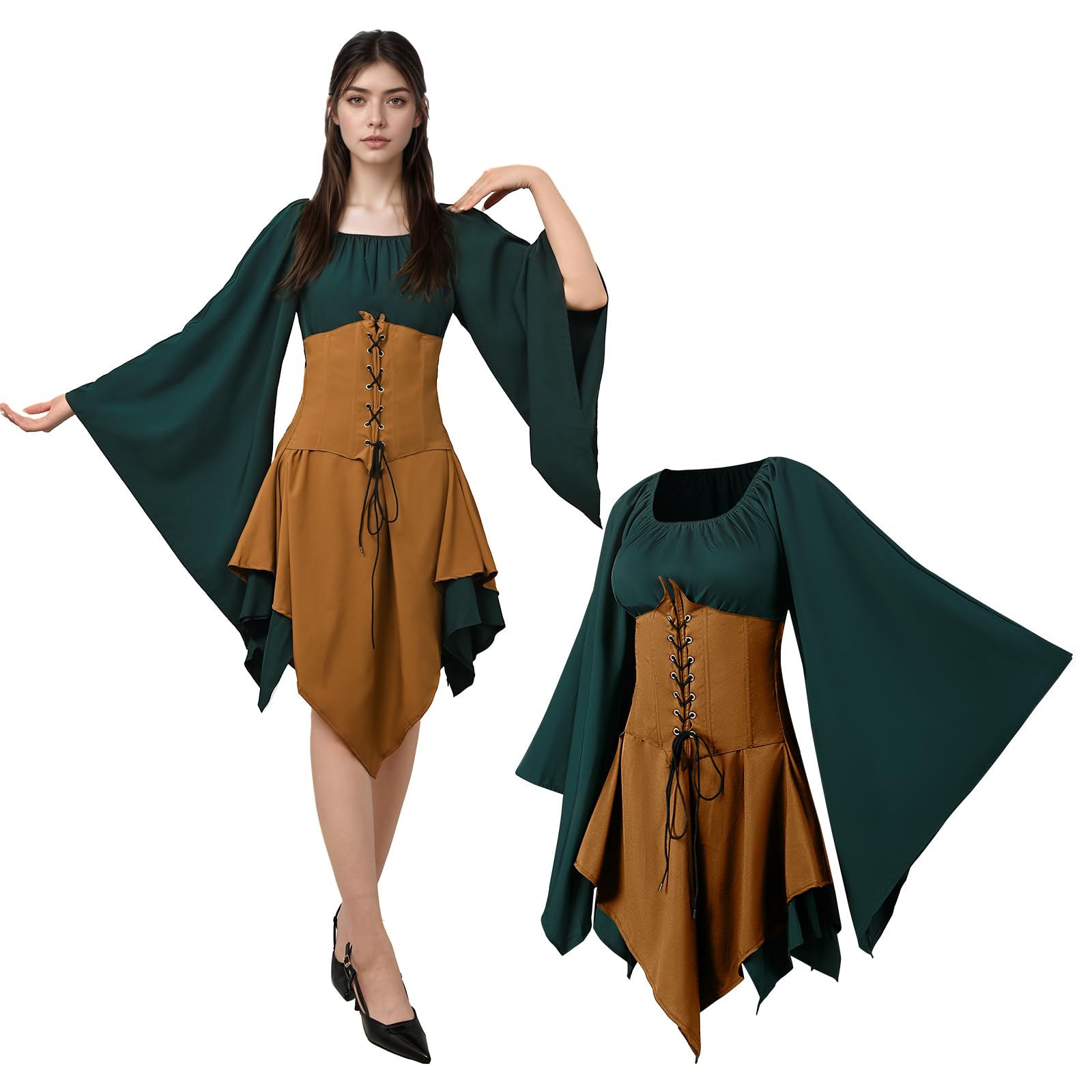 JDFAIJEAL Women's Medieval Dress with Trumpet Sleeves,Traditional Irish Dress for Women,Renaissance Elf Costume,Gothic Clothing for Carnival Costume Cosplay Halloween Party (Brown Green, M) - BigaMart JDFAIJEAL Women's Medieval Dress with Trumpet Sleeves,Traditional Irish Dress for Women,Renaissance Elf Costume,Gothic Clothing for Carnival Costume Cosplay Halloween Party (Brown Green, M) - BigaMart