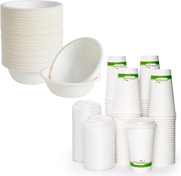 ECOLipak 12oz 150 Pack Compostable Paper Cups and 12 oz Compostable Paper Cups with Lids 100 Count