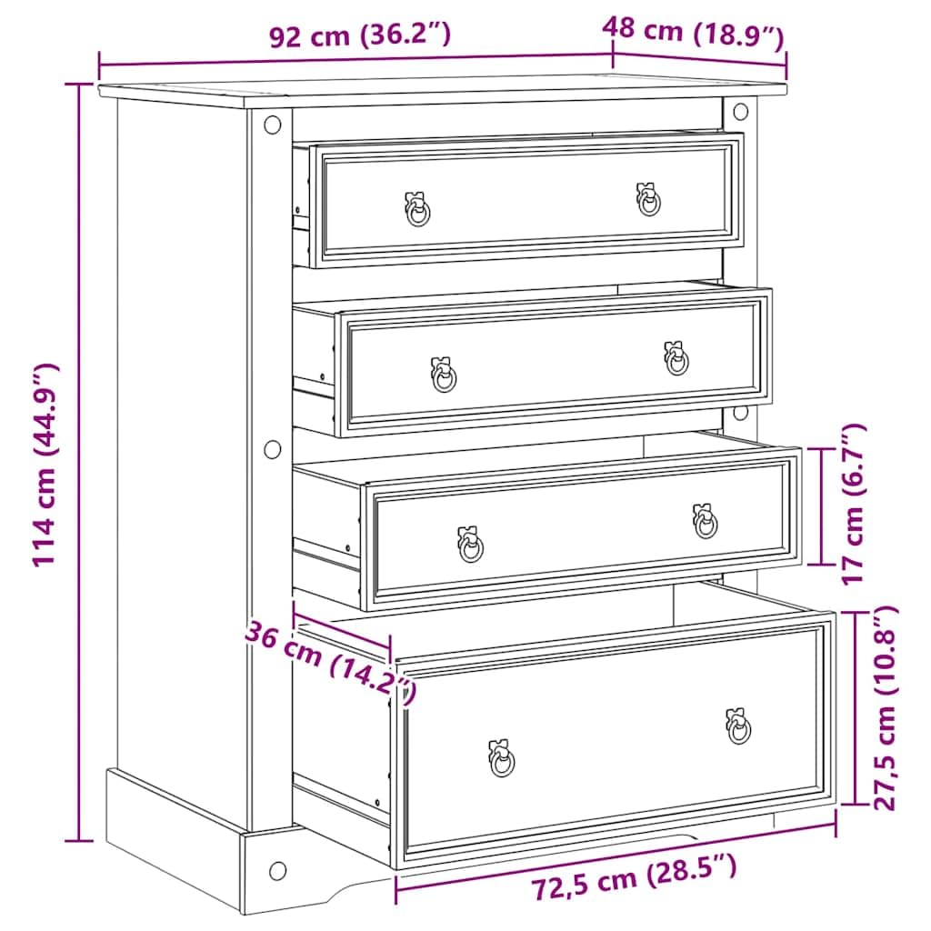 vidaXL Cassettiera Corona 92x48x114 cm in Legno Massello di Pino