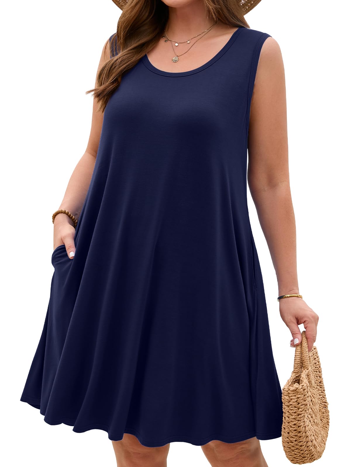 JollieLovin Women Plus Size Curvy Summer Tank Sun Dresses Sleeveless Causal T-Shirt Dress Beach Swing Cover up(L-5X)