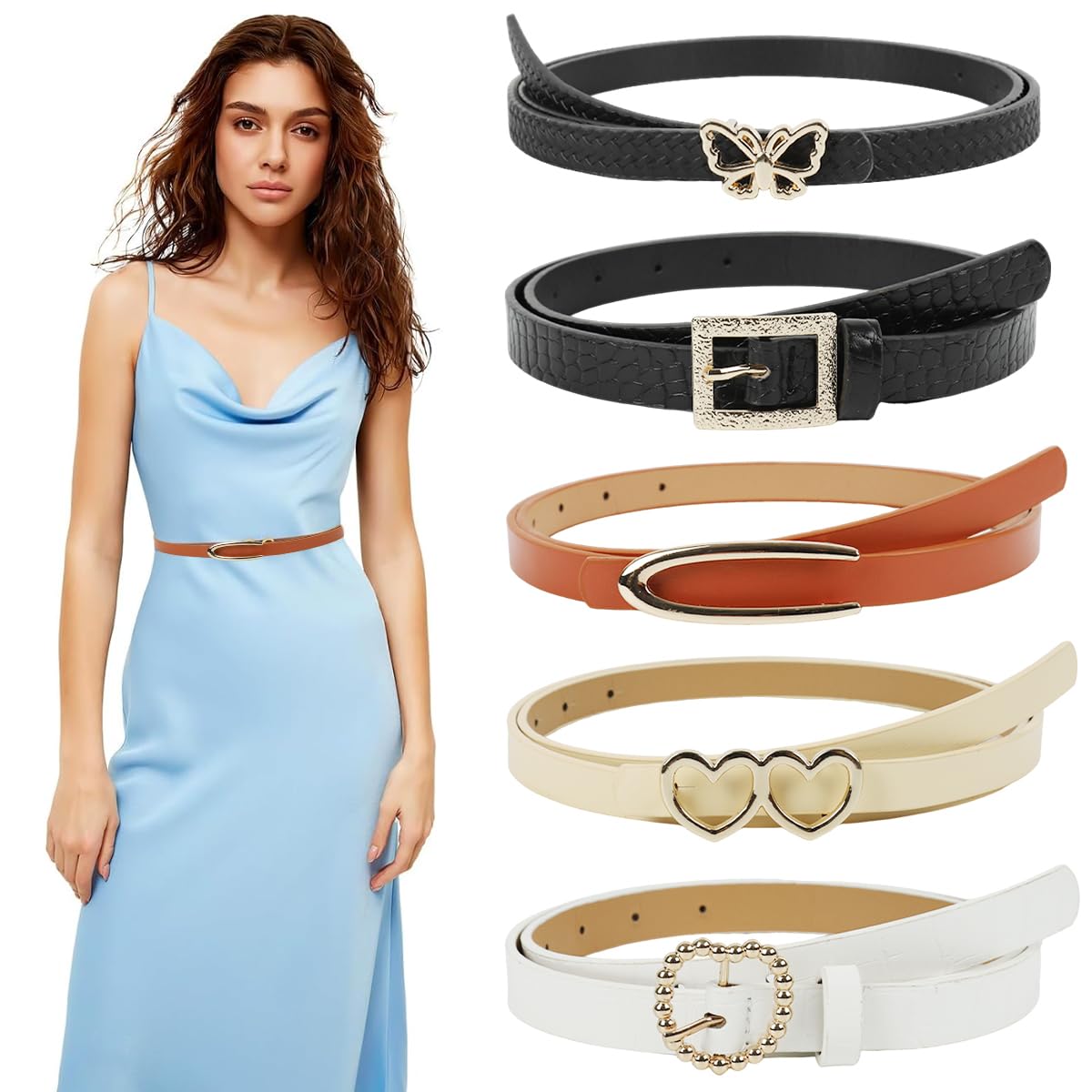 Brown Belt for Women Jeans, 5pcs Black Belt for Women Dresses, Slim Ladies Belts in White Beige Orange, Versatile Fashion PU Leather Belt for Woman with Decorative Metal Buckle