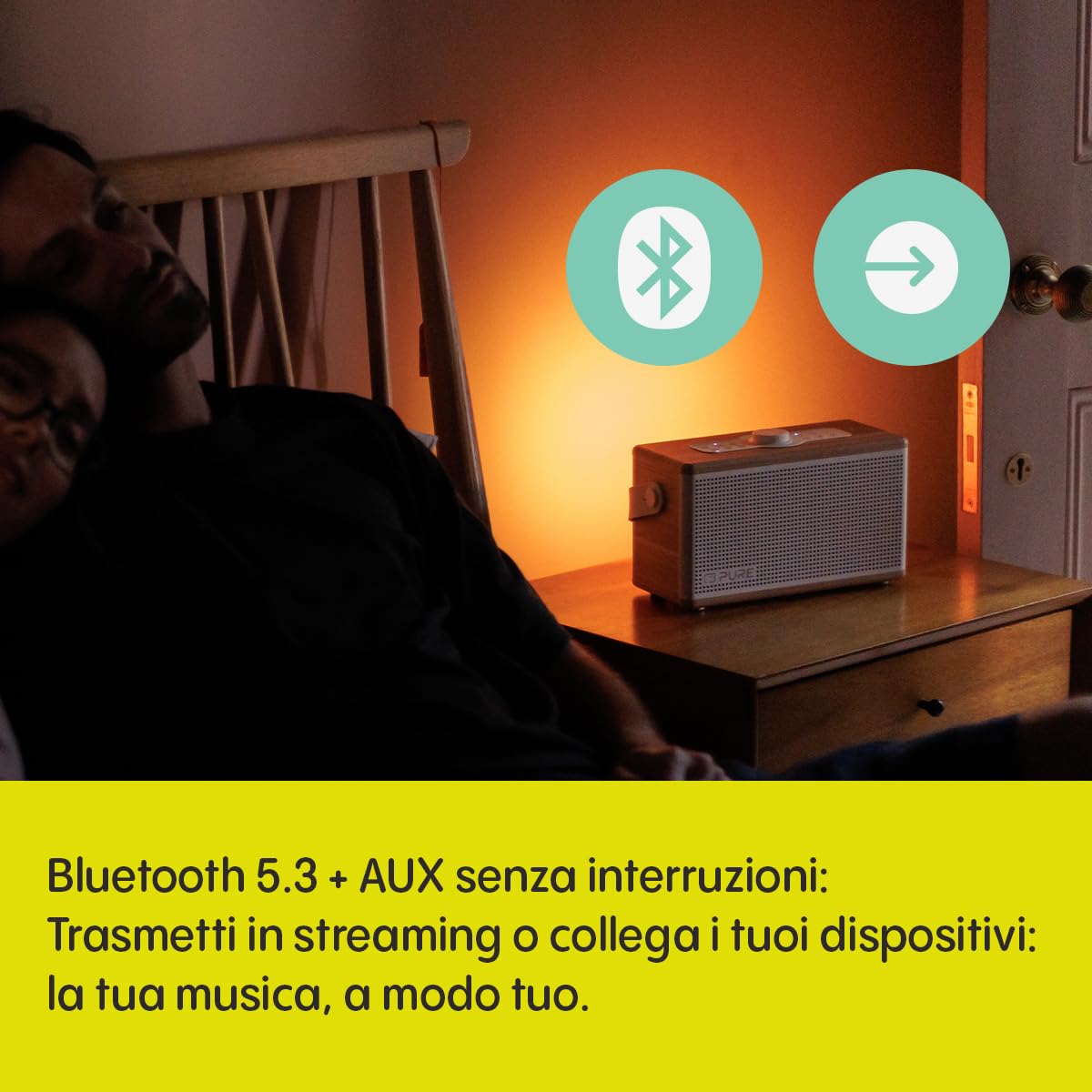 AUX Input Speaker Pure Altoparlante Bluetooth Classic Aura 40W, Powerbank, Luce, Batteria 30h, USB-C, AUX, IPX2, Modalità EQ - Cotone Bianco Con Finitura Legno Di Home Outdoor Speaker