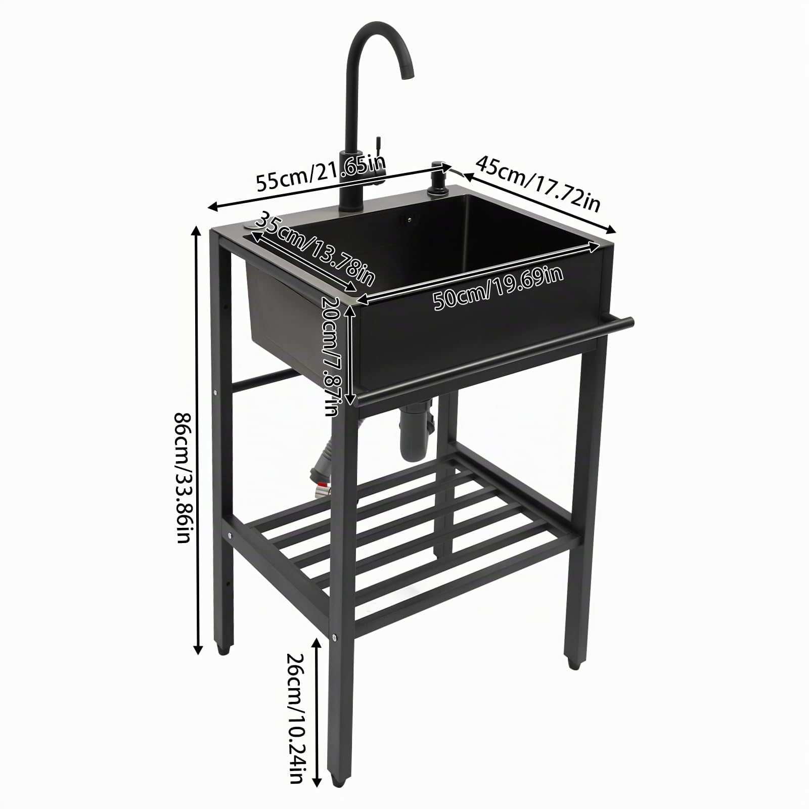 Lavello autoportante, in acciaio inox, nero, singolo, portatile, con rubinetto, cestello per sapone, per esterni, gastro, giardino, campeggio, 55 x 45 x 86 cm