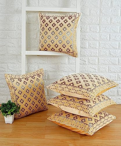 Image of Set of 5 Pcs 16 x 16 Inches Soft Jacquard Velvet Fabric Cushion Covers for Sofa Set /Diwan Beds, Diamond,Color- Beige, Set of 5 Pcs