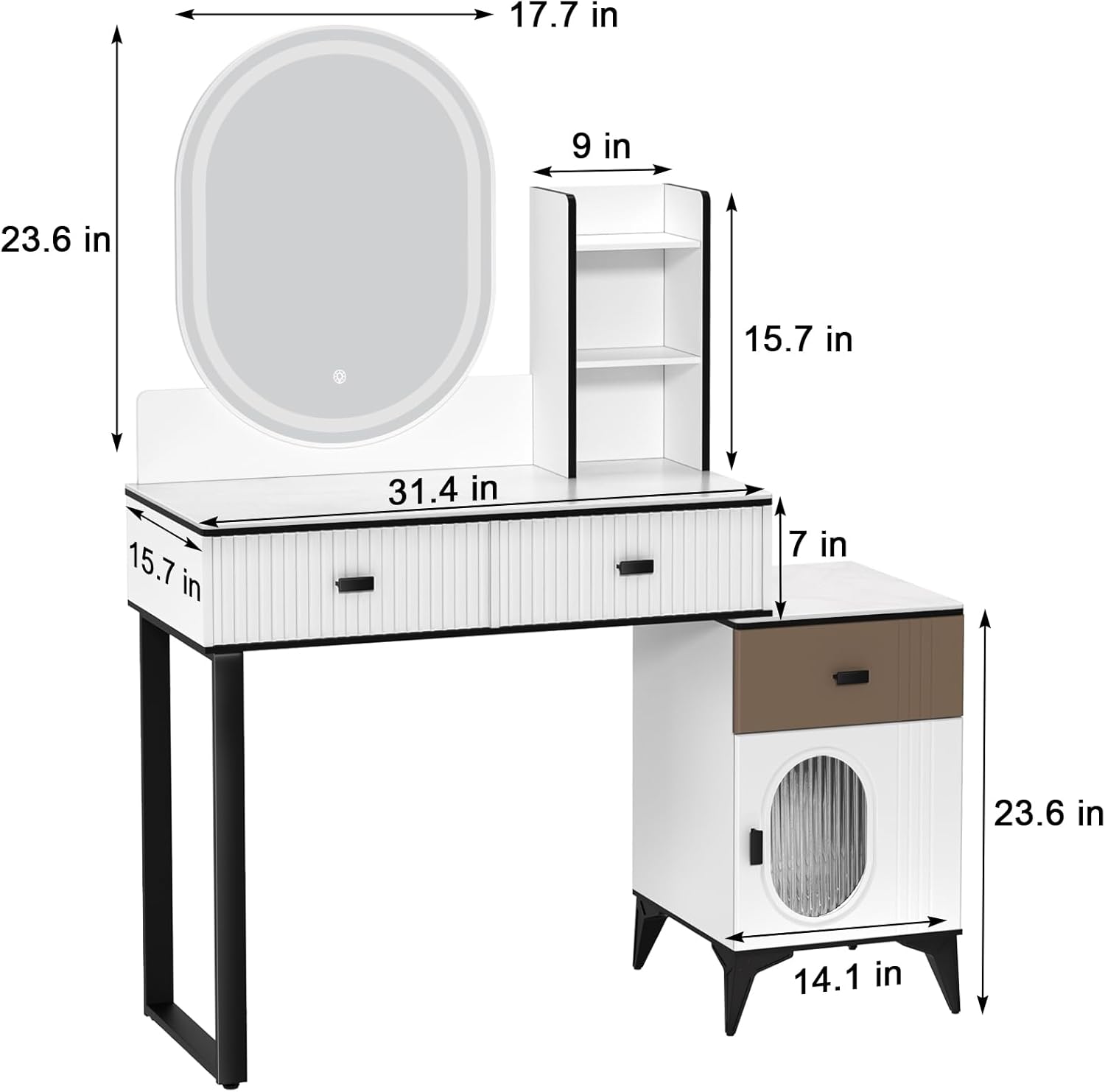 Makeup Vanity Desk with Mirror and Lights, Large Vanity Desk with Storage Shelves, 3 Drawers, Adjustable 3 Lighting Mode, Bedroom Large Dressing Table Modern Vanity Tabl for Women Black 2