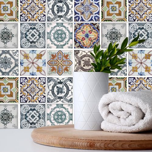 WALPLUS 24 Stück 15x15cm Korfu Farbenfroh Mediterran Mehrfarbig Wandfliesen Aufkleber Schälen und Kleben Backsplash Abziehbilder Startseite Dekore Aufkantung für Küche Badezimmer Kacheln Farbe auf