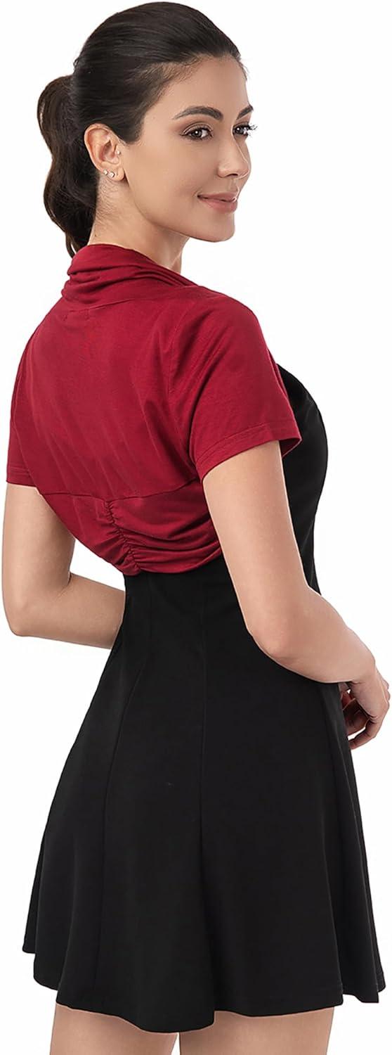 AmélieBoutik Women Short Sleeve Bolero Shrug Open Front Pleated Back Ruched Sides Cropped Cardigan for Dress Casual - Image 2