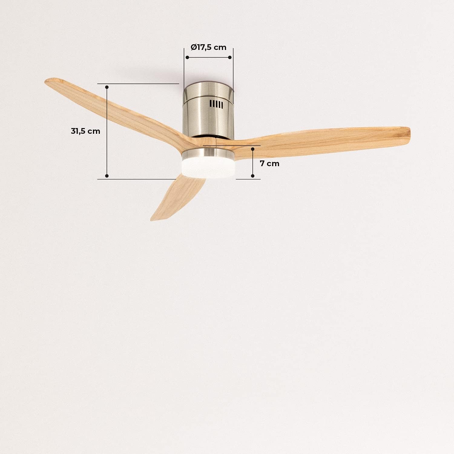 CREATE / WINDCALM M/Ventilateur de plafond ABS avec lumière niquel pales effet bois clair/Silencieux, minuterie, Puissance, 40W, Ø132 cm