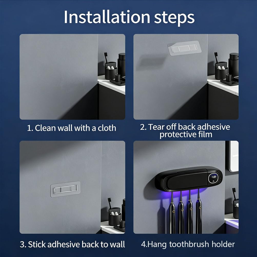 Soporte desinfectante UV para 4 cepillos de dientes | Soporte de pared para cepillo de dientes para baño con secado por ventilador | Limpiador y esterilizador de cepillos de dientes recargable por USB