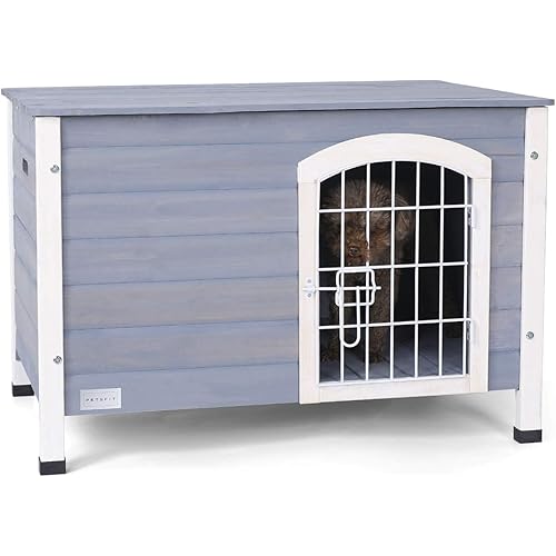 Petsfit 31.5” Wooden Dog House with Elevated Floor&Anti-Slip Bottom, Indoor Dog House with Lockable Iron Door