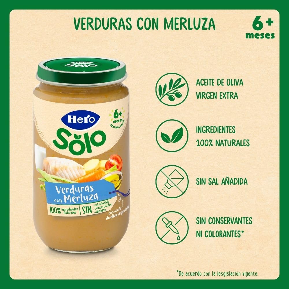 Hero Baby Caja Mixta Tarritos de Carne y Pescado, Verduritas con Merluza, Bechamel con Lenguado y Menestra con Ternera y Jamón, Sin Aceite de Palma, 100% Natural, Desde los 6 Meses, Pack de 18x235 gr