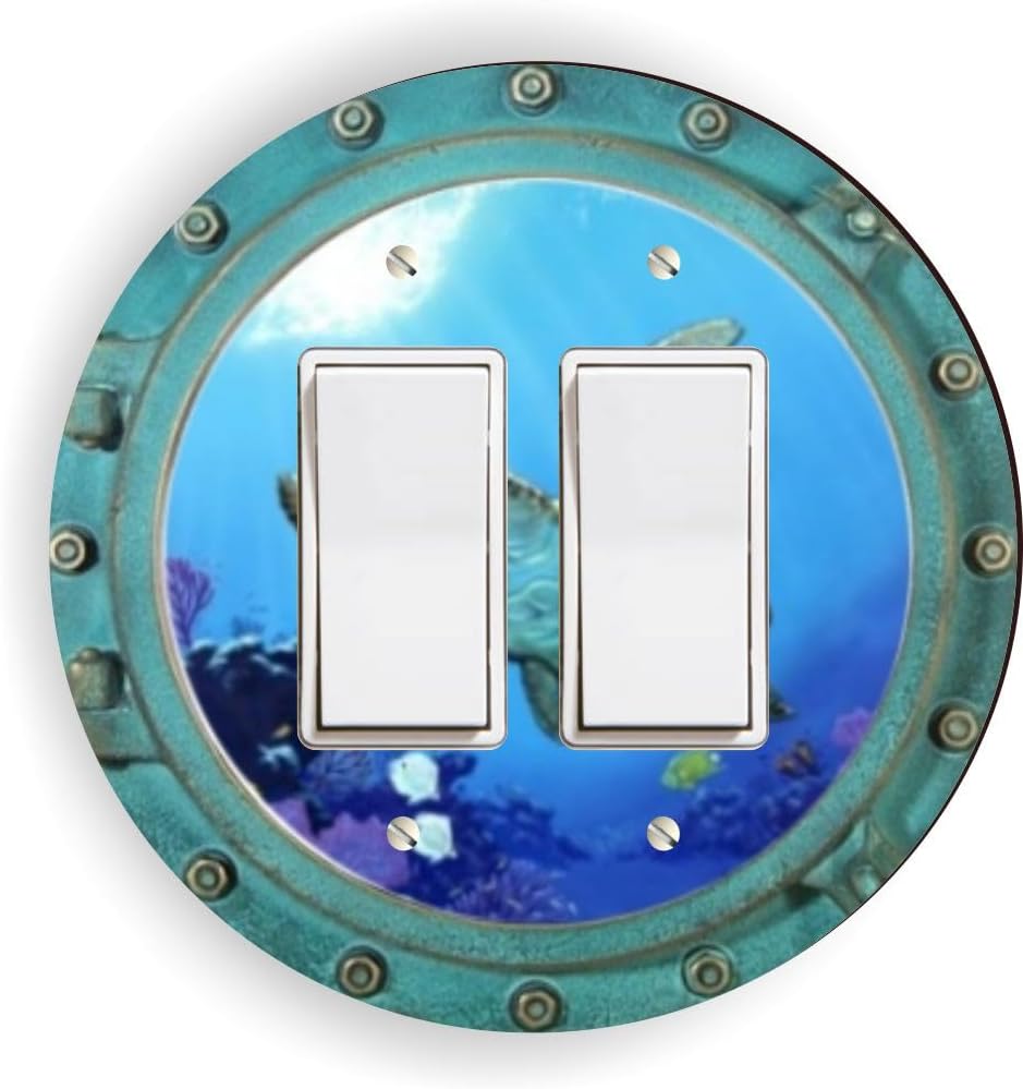 Island Gifting - Green Bowling Ball with Three Holes Design - Round double rocker switch plate cover, fits two standard rocker or GFCI outlets, modern design.
