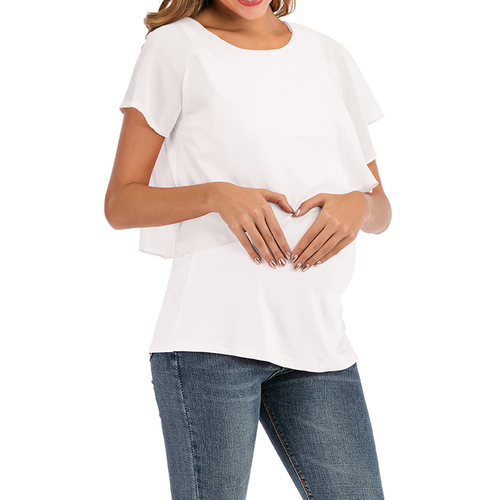 T-Shirt Umstandsmode Stilltop Stillbluse Schwanger Tops Umstands Oberteile Kurzarm Brust Rüschen Kreuz Mutterschaft Stillkleidung Umstandstops Umstandsbluse Umstandskleid