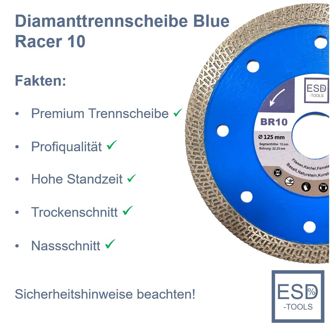 10 x de diamante BR10 baldosas con núcleo reforzado Diámetro 125/22,23 orificio/altura del segmento 10 mm/Disco De Corte De Baldosas piedra natural