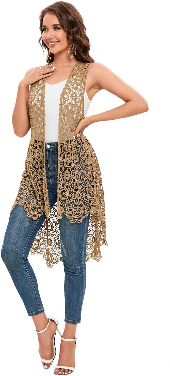 Women's Casual Long Crochet Vest Loose Fit Boho Lace Cover up High Low Sleeveless Cardigan - Image 5