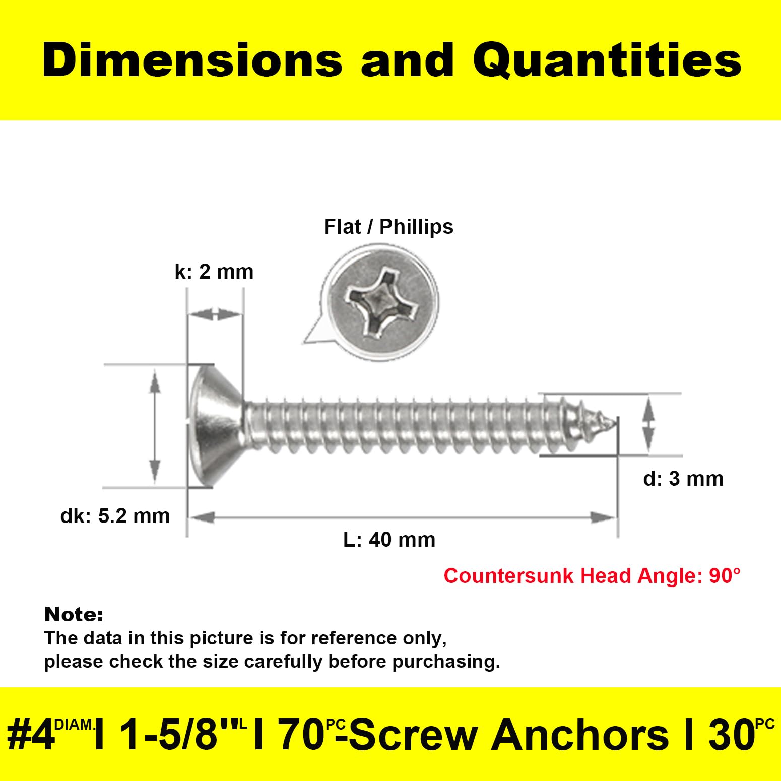 M3 Self Tapping Screws,Stainless Steel Wood Screws,Phillips Flat Head Screw,M3*40mm 70 Pieces And 30 Pieces Screw Anchors for Furniture Woodworking - Image 2