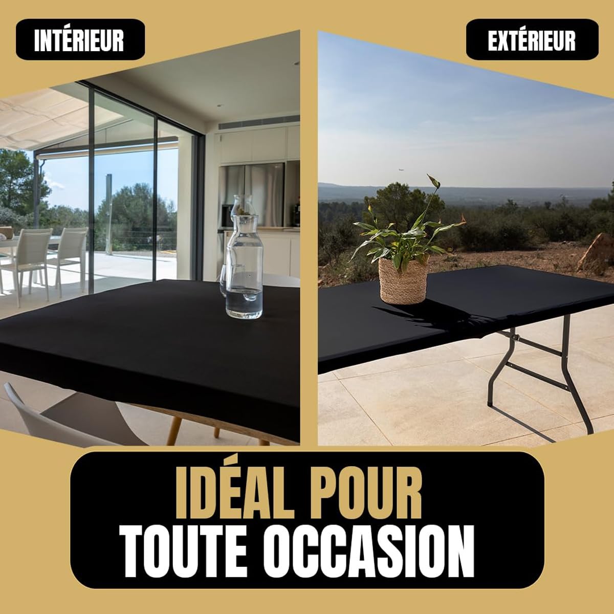 Riven Tovaglia elastica per esterni, adatta per picnic, impermeabile, lavabile, in poliestere, 185 x 80 cm, per feste, matrimoni, campeggio, colore nero