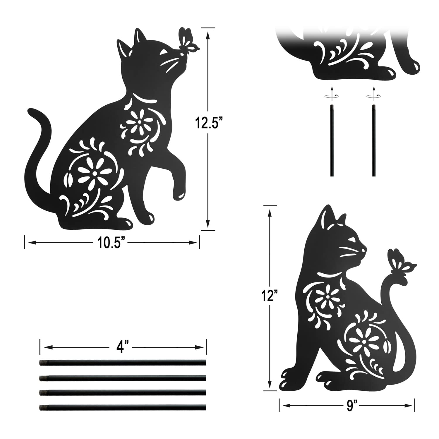 Lot De 2 Statues De Chats De Jardin En Métal - Piquets Silhouettes Animaux Pour Pelouse Et Terrasse
