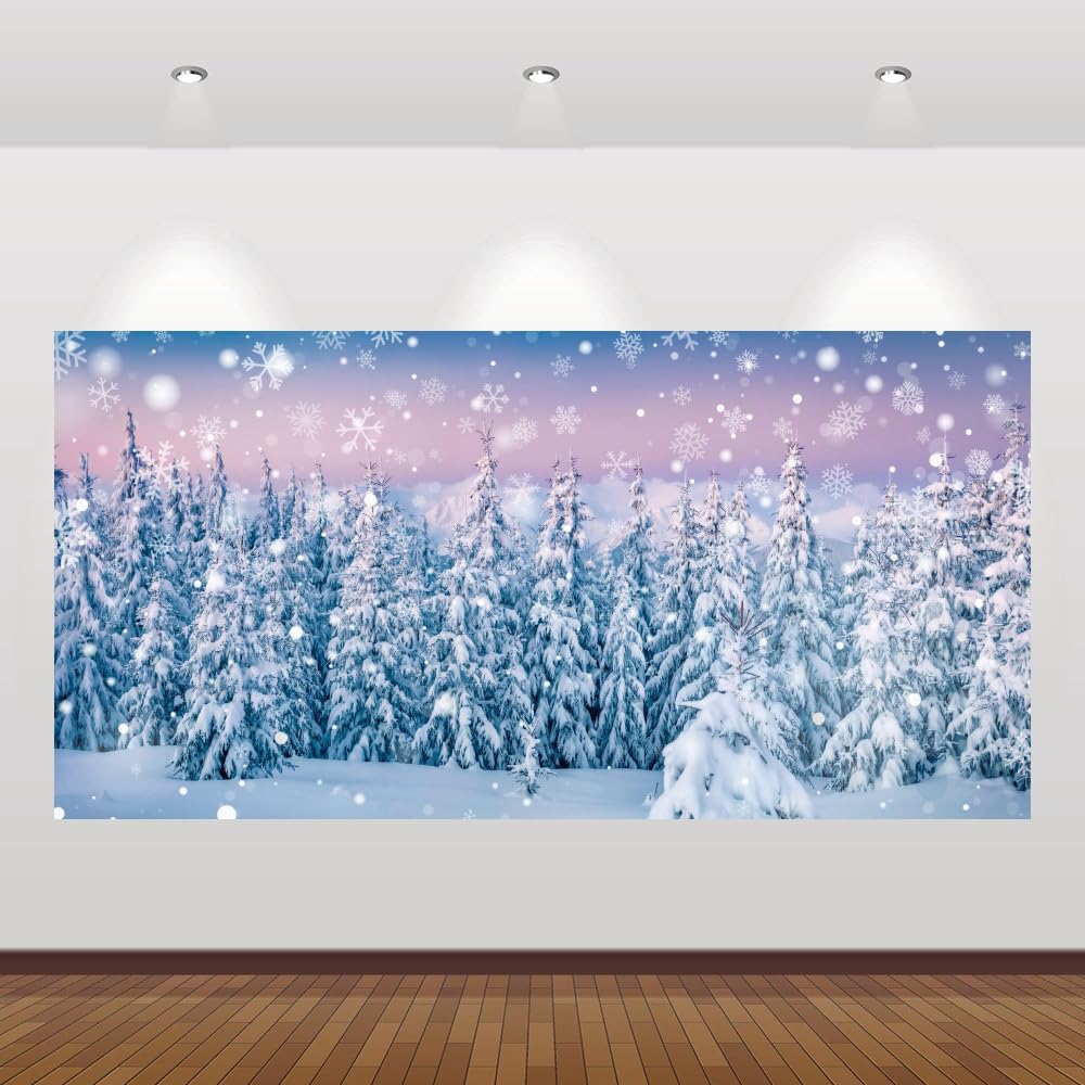Winter Wonderland Christmas Backdrop for Photoshooot 20x10ft Vinyl Glitter Snowflake Forest Xmas Photography Backdrop Snow Pine Forest Photography
