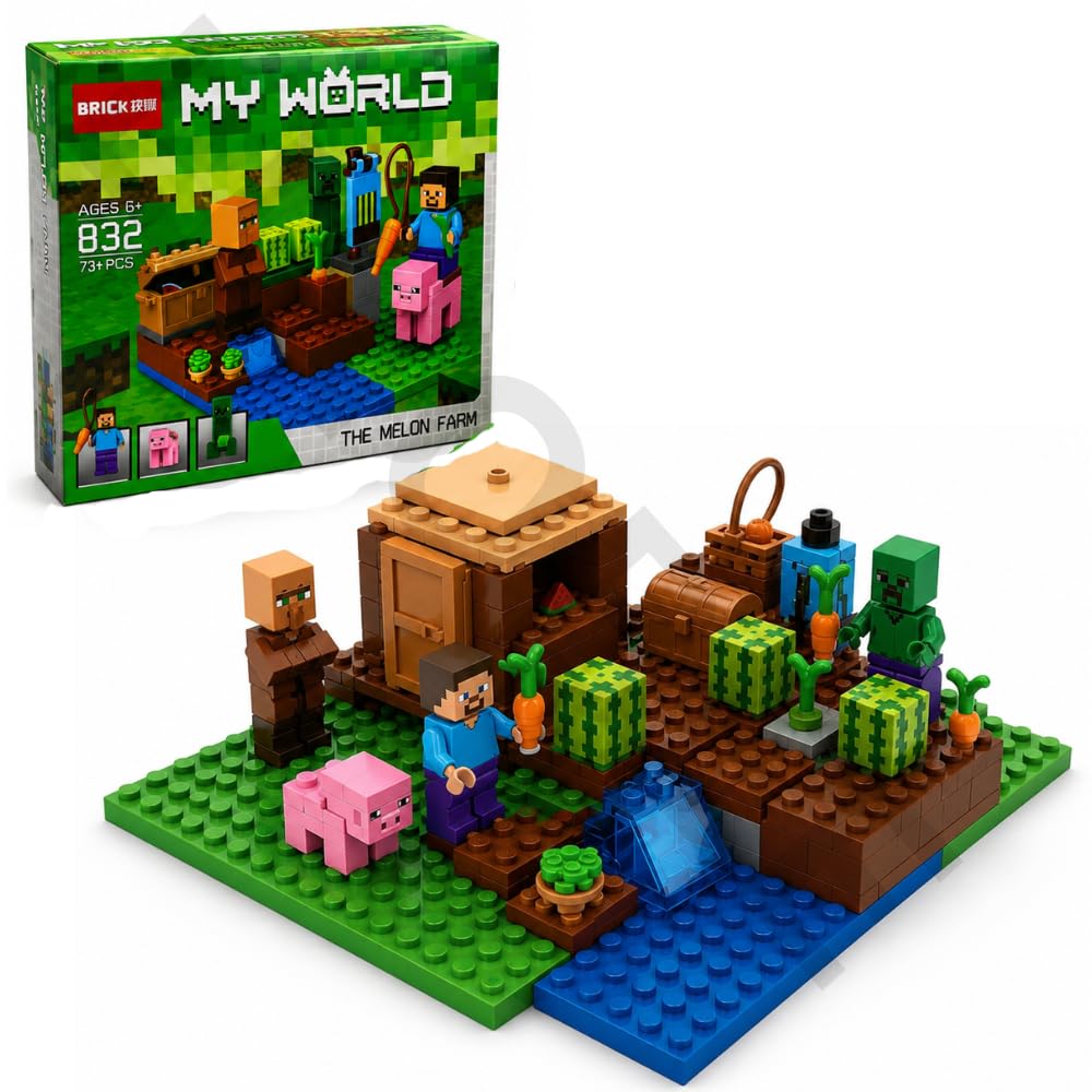 My World Melon Farm Building Blocks Set (73+ Pieces) | Educational DIY Construction Toy for Kids 6+ | Farm Theme Set with Farmer, Pig & Zombie Figures | Creative Learning & STEM Toy-picture-27