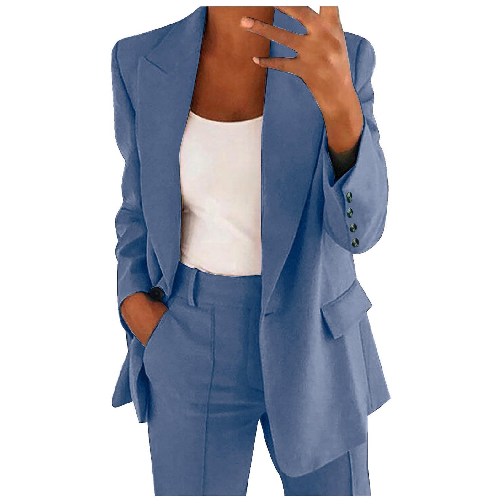 Conjunto de Traje Talla Grande, Trajes de 2 Piezas para Mujer Elegante, Chaqueta de Manga Larga con Bolsillos Blazer y Pantalones Corte Ajustado Color Sólido Elástico Trabajo Oficina