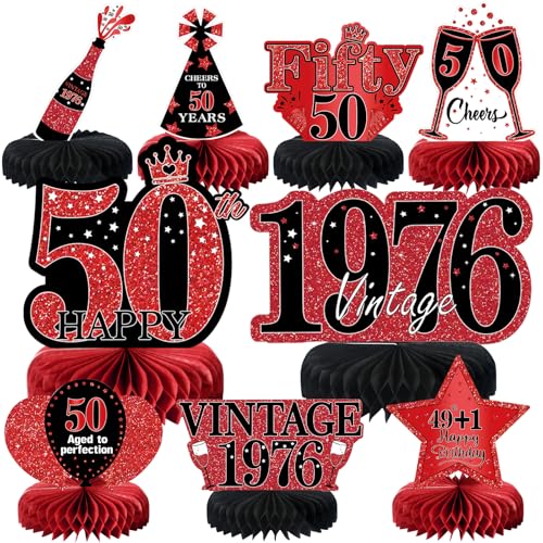 Image of 9Pcs 50th Birthday Decorations Red and Black 50th Birthday Party Decorations for Women,Happy 50 Years Vintage 1976 Aged Honeycomb Centerpieces Table Sign Decor Supplies