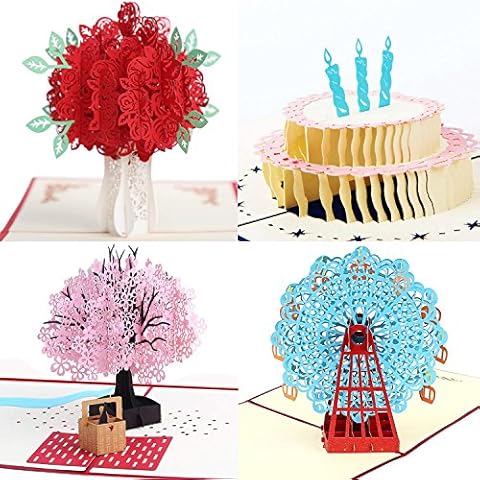3D Pop Up Greeting Cards 4 Pack Assortment By Aloha Cards | For Birthdays, Thank Yous, All Occasions / Wow Your Loved Ones / Individually Packaged with Envelope and Protective Bag Cover