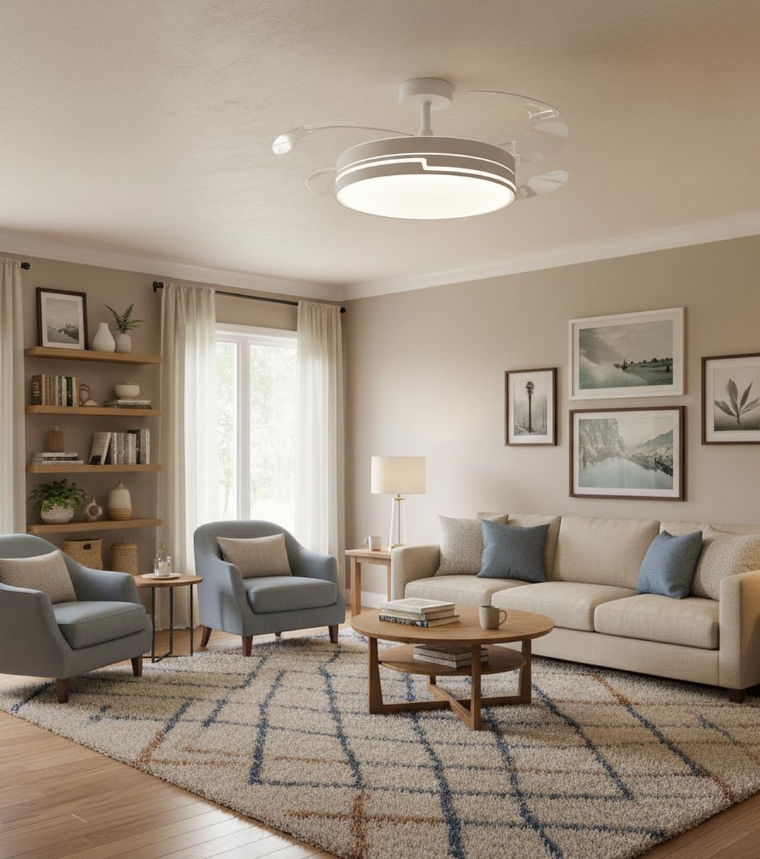 BEL AIR HOME - Ventilatore da Soffitto ROBIN - Motore DC Silenzioso - Pale Scomparsa - Luce LED 36W, 3000K/4000K/6500K - Telecomando Incluso - Ventilatore con Luce, Bianco, Metallo