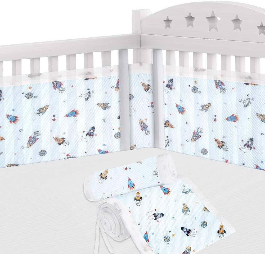 Aolso Cot Bumper, 2Pcs Breathable Mesh Cot Liner, Crib Rail Cover Baby Crib Bumper, Baby Boys Girls Nursery Breathable Crib Bed Liner Bumper (Rocket)