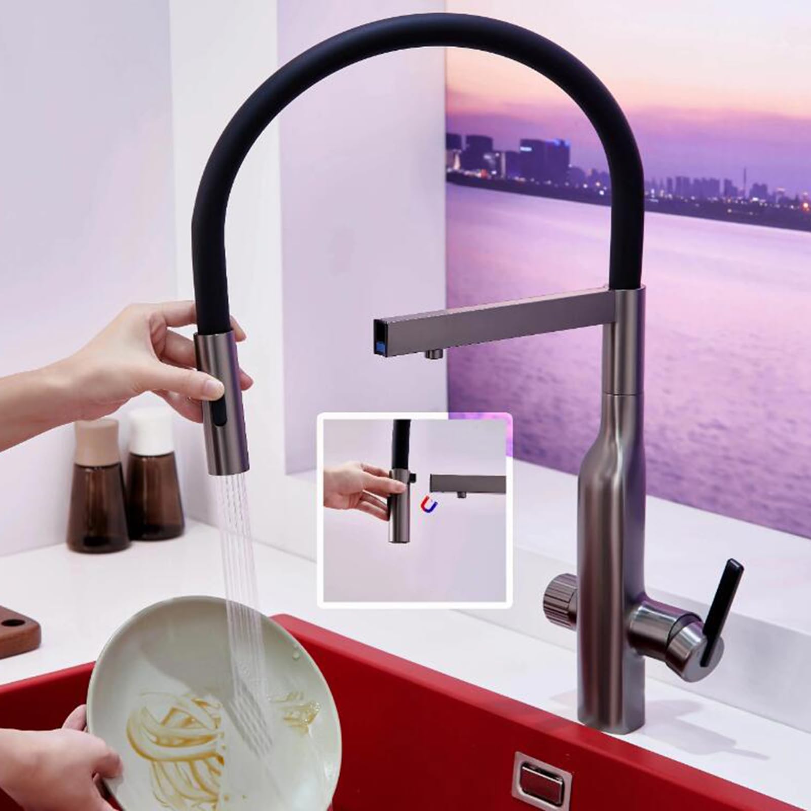 Grifo de Cocina 3 Vias Osmosis con Ducha Extraible Grifo 3 Vias Extensible Latón-Oro Rosa