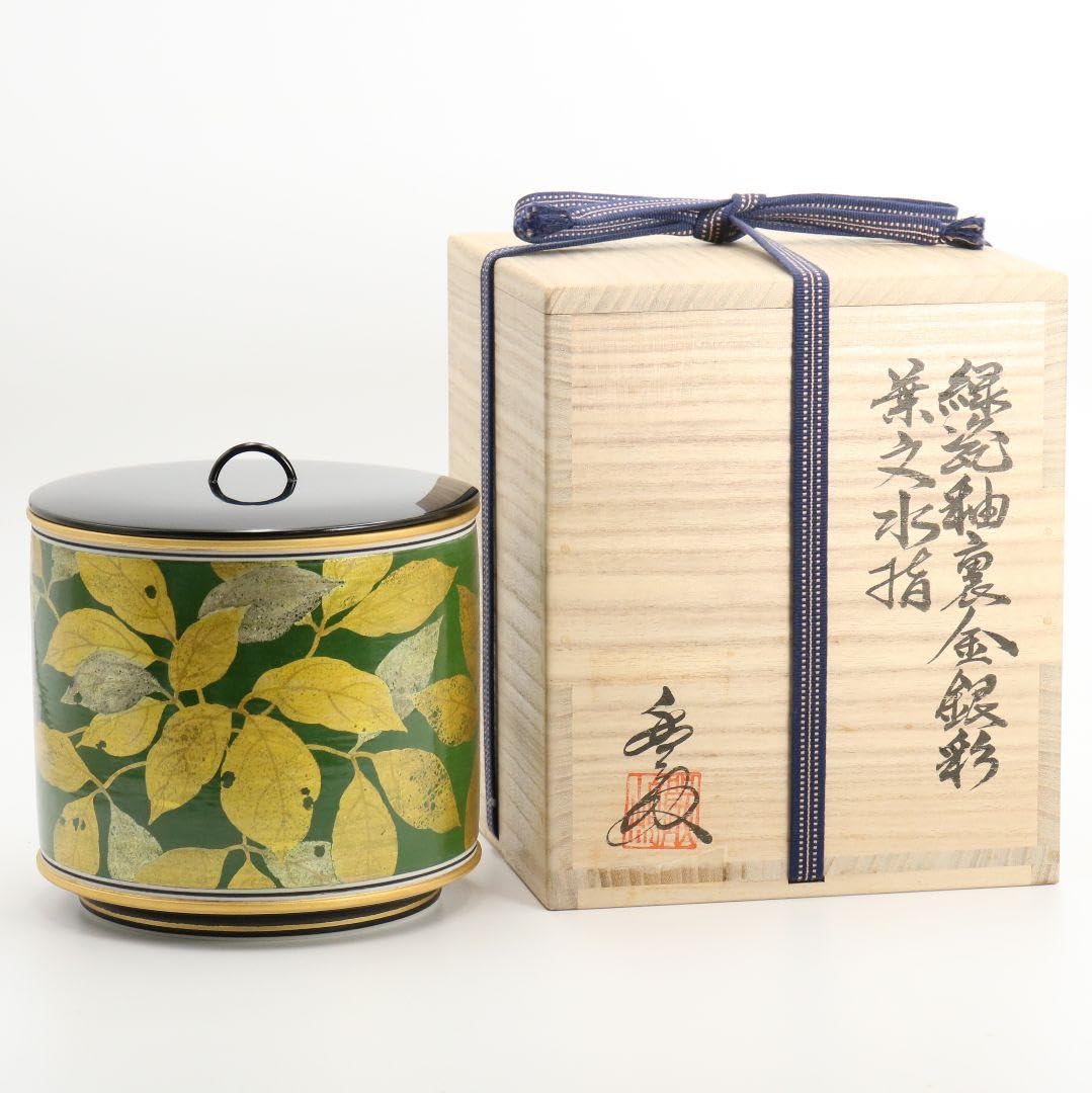 厳嶋豊之助作 緑瓷 釉裏金銀彩 葉文 水指 茶道具　C287 厳嶋豊之助作 緑瓷 釉裏金銀彩 葉文 水指 茶道具 C287 厳嶋豊之