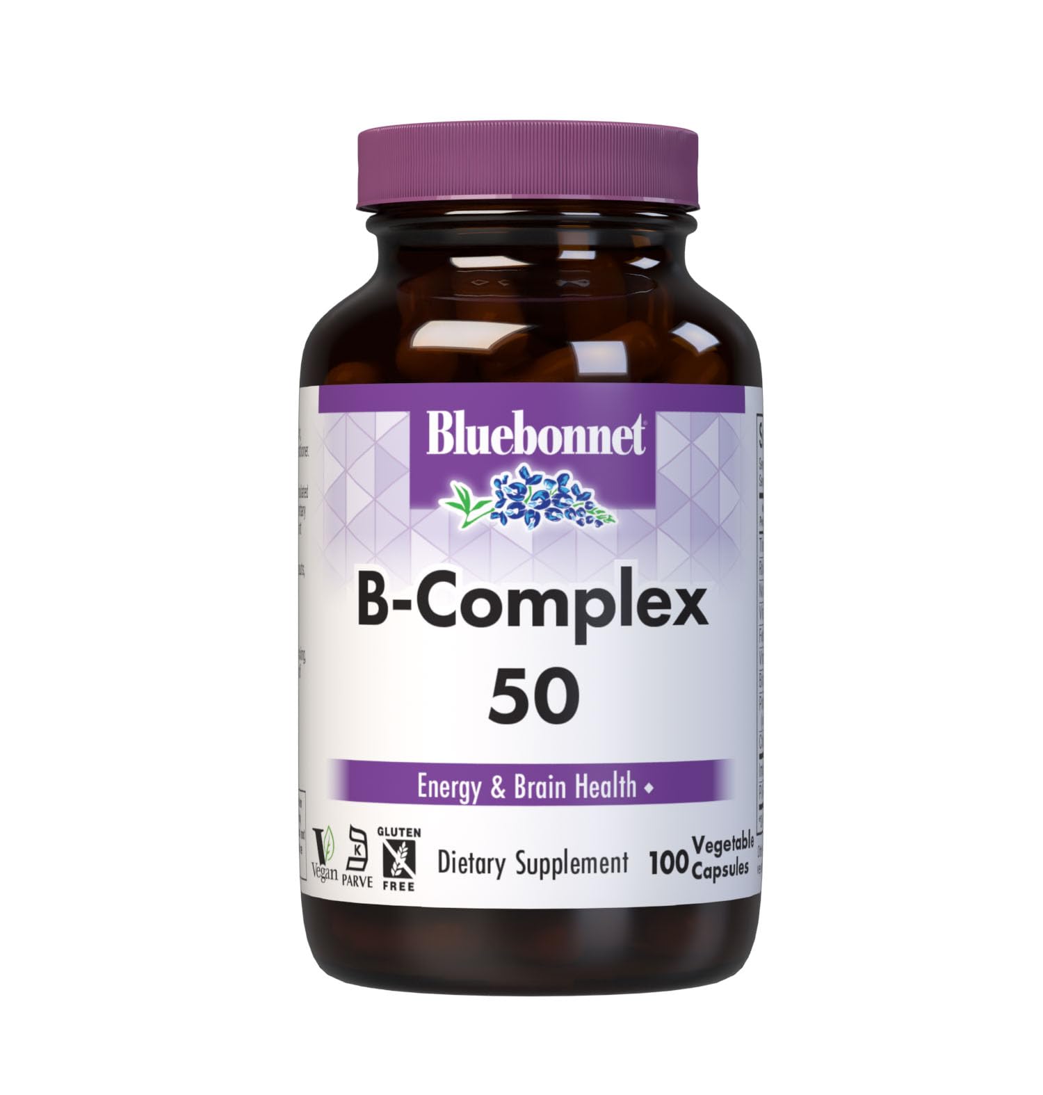 Bluebonnet Vitamin B Complex Full Spectrum B Vitamins - Energy Support - Complete Vit B Inositol Biotin Riboflavin Folate as Folic Acid Choline B6 & B12 - Vegan, Gluten-Free - 100 Vegetable Capsules B Complex 50 Formula 100 Count (Pack of 1)