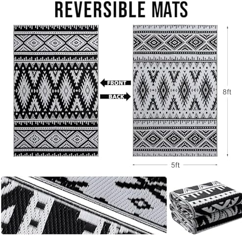 OLANLY Outdoor Rug Waterproof 5x8 ft, Reversible Outdoor Plastic Straw Rug, Boho Patio Rug, Indoor Outdoor Carpet, RV Mat Outside for Patio, Camp, Picnic, Balcony, Deck, Backyard, Black & White