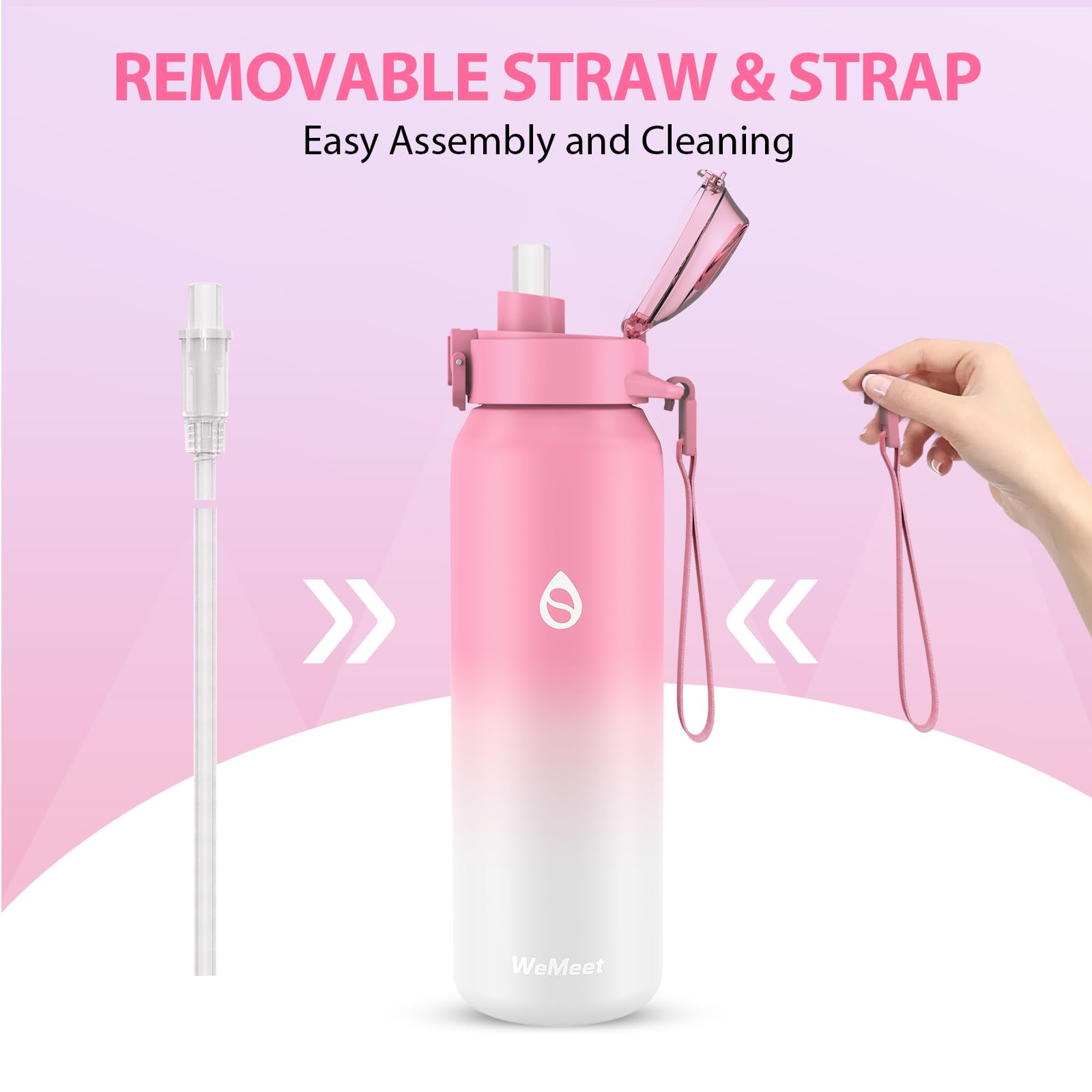 WEMEET Borraccia Termica 1 Litri con Rimovibile Cannuccia, | Metallo 18/10 Acciaio Inox Boraccia con Rimovibile Cinghia 1000ml, Senza BPA Borraccia per Sport, Escursioni, e Campin (Rosa Bianco)