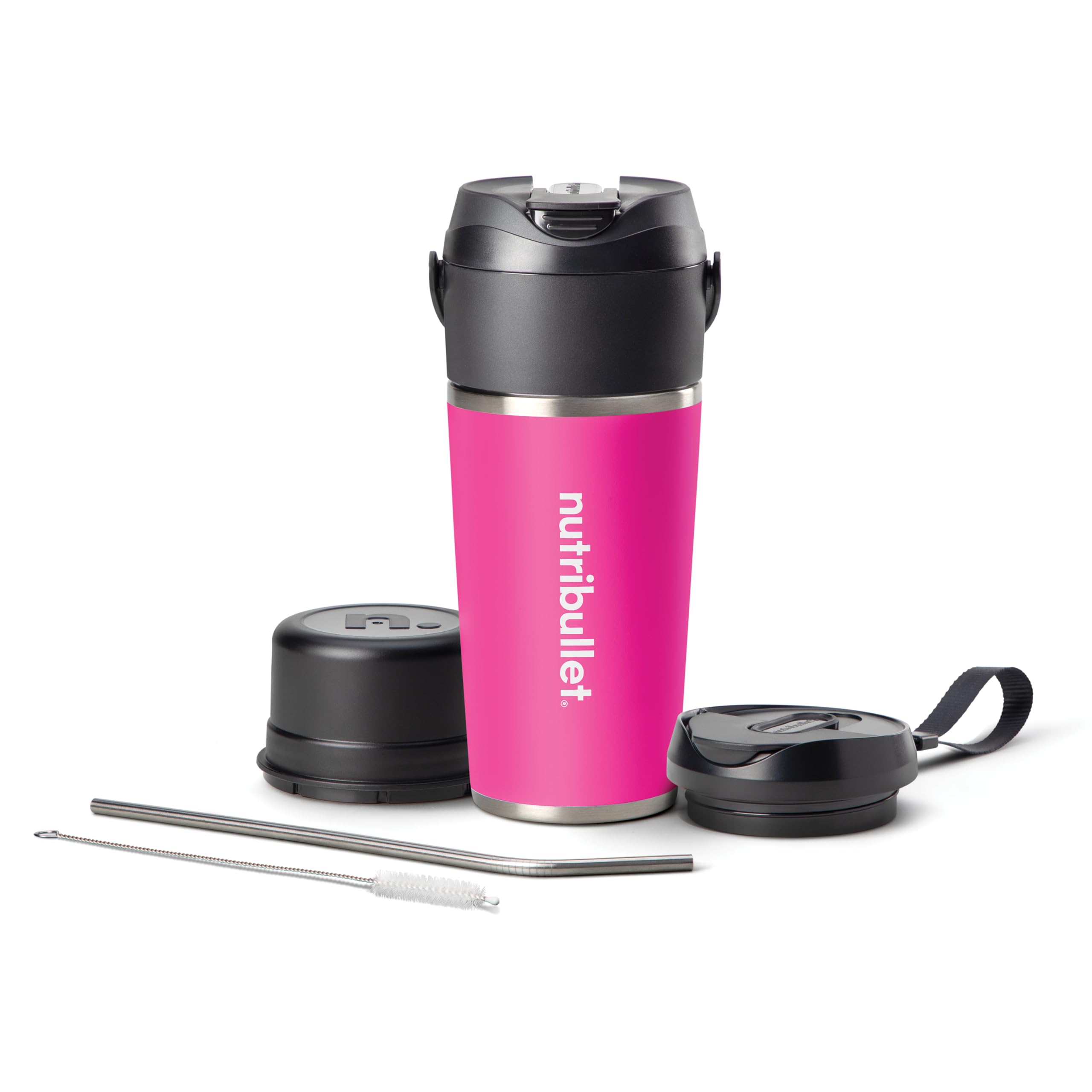 nutribullet Flip, Smoothie Mixer to go, 590 ml isolierter Edelstahl Thermobecher, hält 24h kalt, kabellos, wiederaufladbar (USB-C) für 14+ Mixvorgänge, Eiscrusher, Pink, NBP016MA