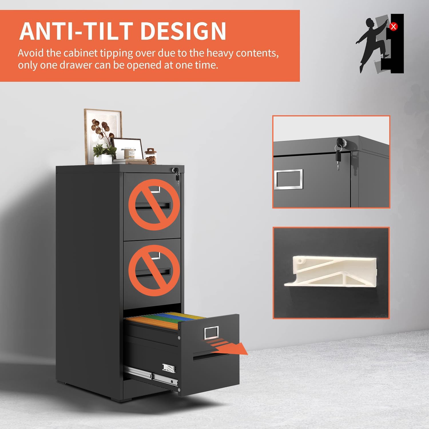 3 Drawer Vertical File Cabinet for Home Office, Metal Filing Cabinet with Lock for Legal/Letter Size Hanging File Folders, Anti-Tipping, Assembly Required (Black)