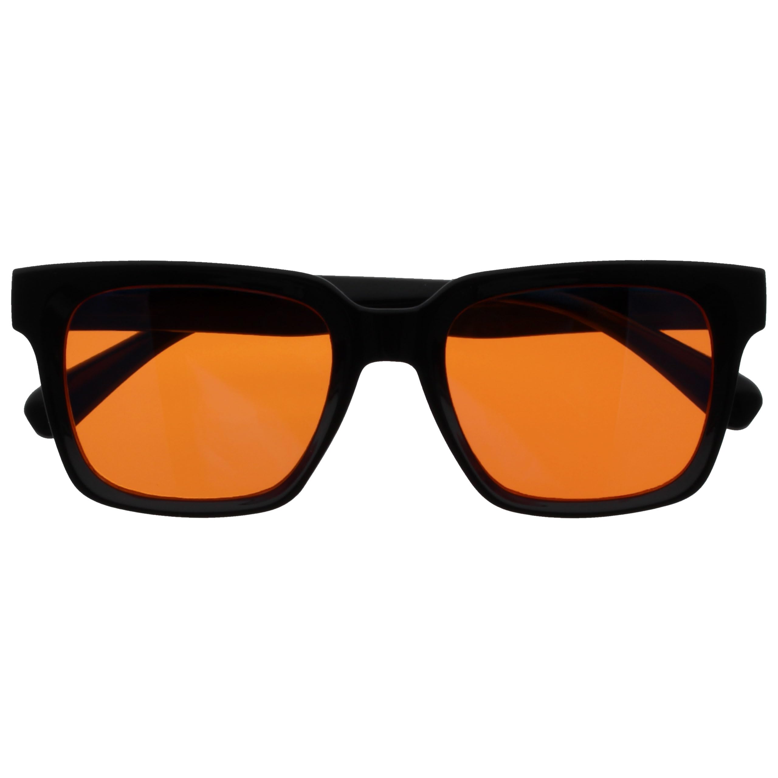 OPULIZE ERA Schlafbrille mit 99,9% Blaulichtfilter für Damen Herren - Orangefarbene Gläser - Entspiegelt & Blendfrei - UV400-Schutz - Großer rechteckiger Rahmen - Nachtbrille - Schwarz