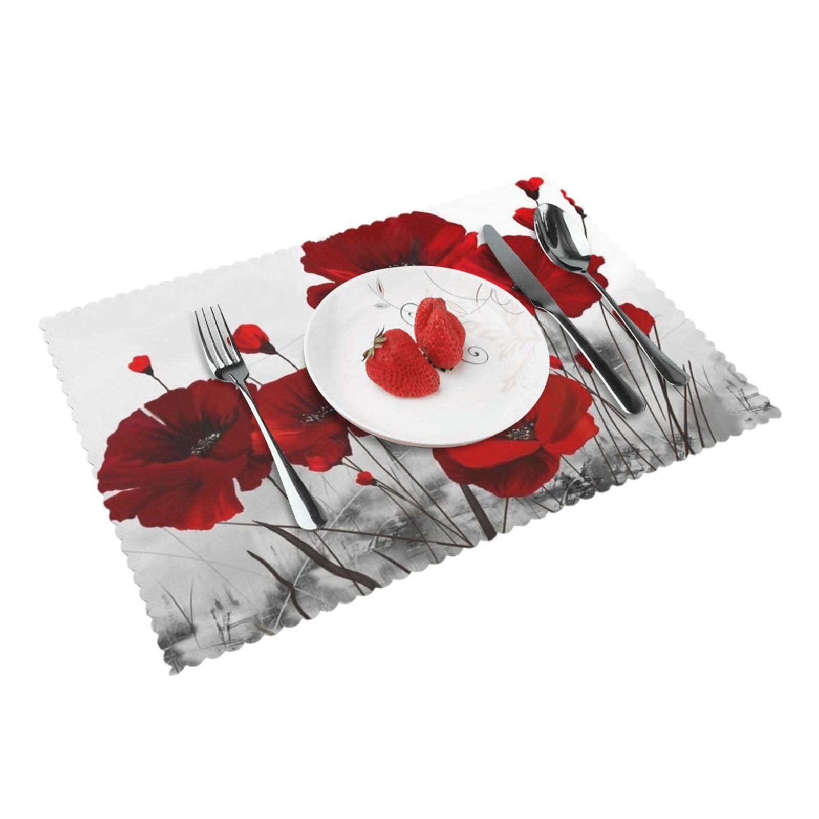 4 PCS Heat Resistant Placemat 45x30 CM, Red Poppy Flower Printed Non-Slip Place Mats for Kitchen Dining Table Indoor Outdoor