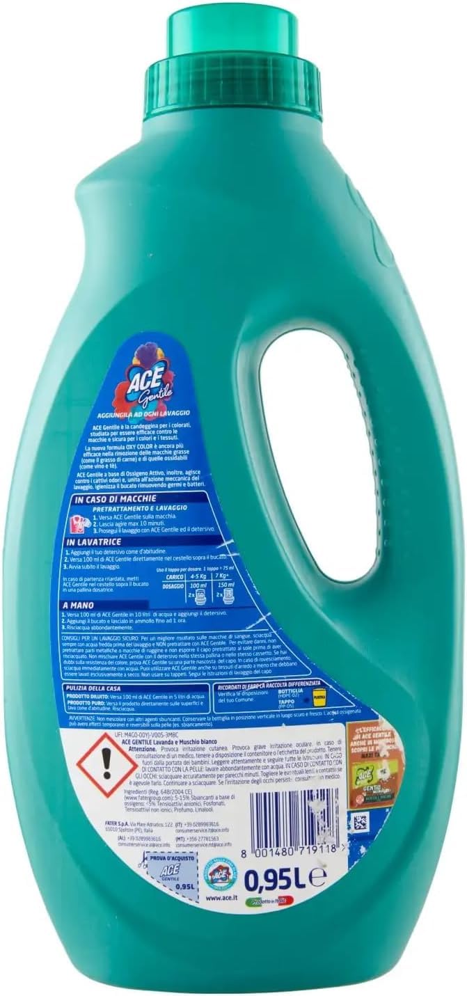 4x Ace Gentile Candeggina per Colorati,Bleichmittel für Farben – Lavendel und Weißer Moschus Wirksam Gegen Flecken 950ml + Beni Culinari Kostenloser Schlüsselanhänger