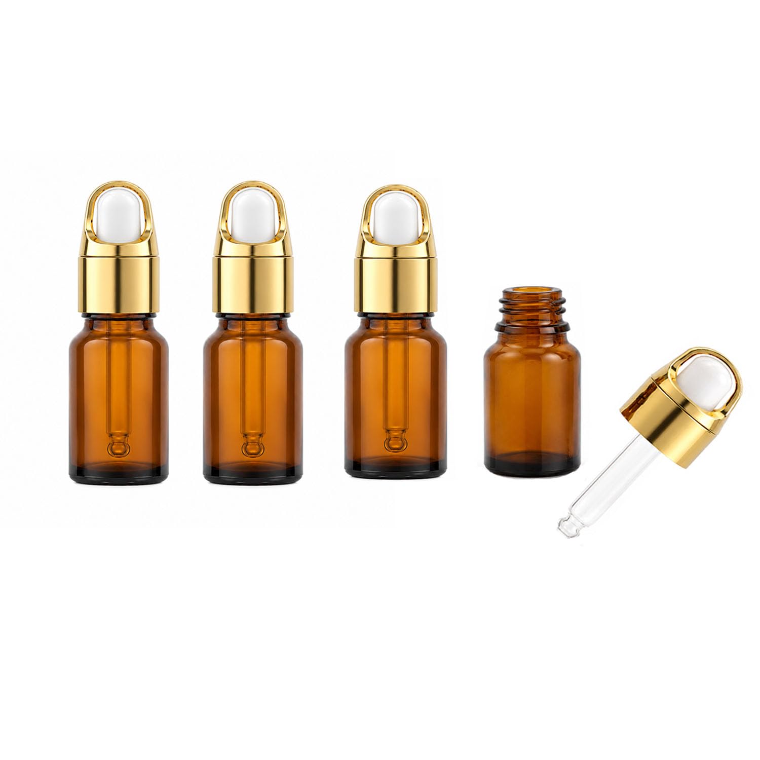 SKYPRO 4pack / 10ml Per Bottle, Leak-Proof Dropper Bottles, Essential Oil Droppers, Suitable For Essential Oils, Aromatherapy, Perfume, And Handmade Blends(Golden cap+Amber bottle)